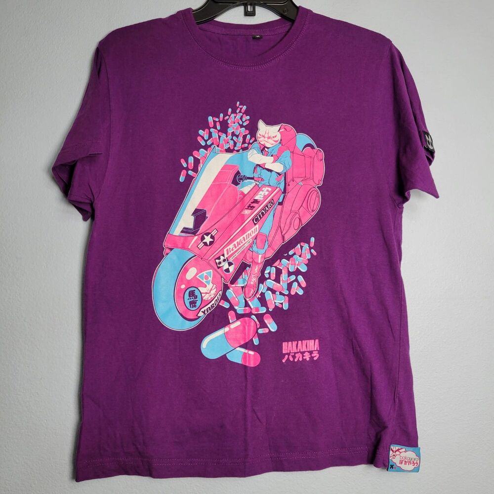 Bakayaro Cyberpunk Anime Motorcycle Graphic T-Shirt Purple Katakana SM Japanese